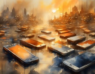 thousand of mobiles on water abstract watercolor hand painted background, di