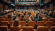 © monvideo - A diverse group of students sitting in rows of chairs in a lecture hall, attentively listening to a presentation during an educational conference