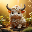 Cute toy yak with horns in the forest. 3d rendering