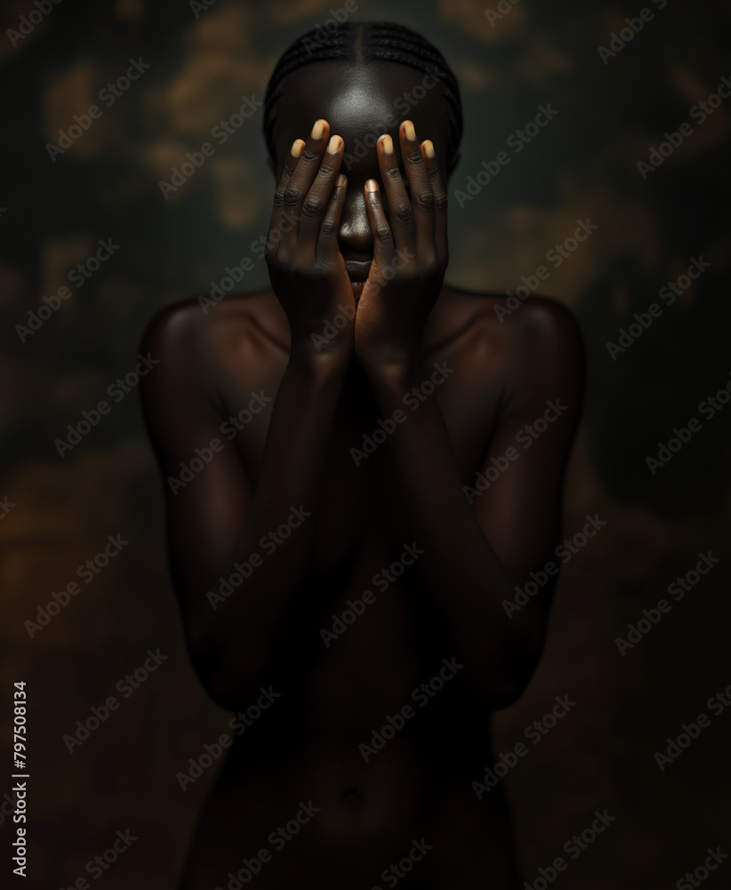Artistic image of nude young black woman standing in the dark, covering