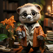 Cute panda bear in glasses with a camera sits among books.