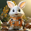 3d illustration of a cute white rabbit in a orange jacket with a backpack