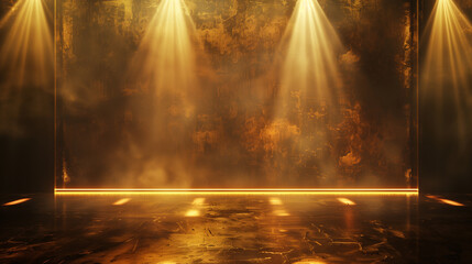 Poster - a minimalist stage background infused with golden hues, enlivened by strategically placed spotlights that evoke a sense of depth and drama. 