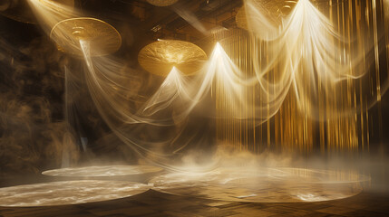 Poster -  a stage set in the midst of a gold-themed environment, where spotlights in 3D illustrate style and create dramatic effects amidst swirling smoke and mist.