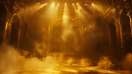Poster -  a stage set in the midst of a gold-themed environment, where spotlights in 3D illustrate style and create dramatic effects amidst swirling smoke and mist.