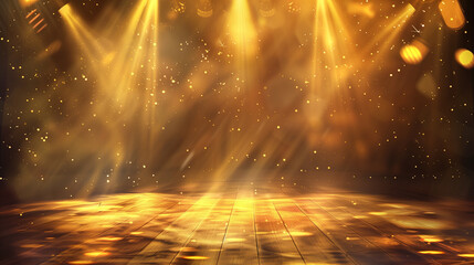 Poster - a simple stage background with a shimmering gold hue, illuminated by spotlights casting dynamic shadows and highlights.