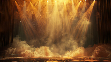 Poster - a stage bathed in golden spotlight effects, with a dark atmospheric backdrop punctuated by wisps of smoke and mist. 