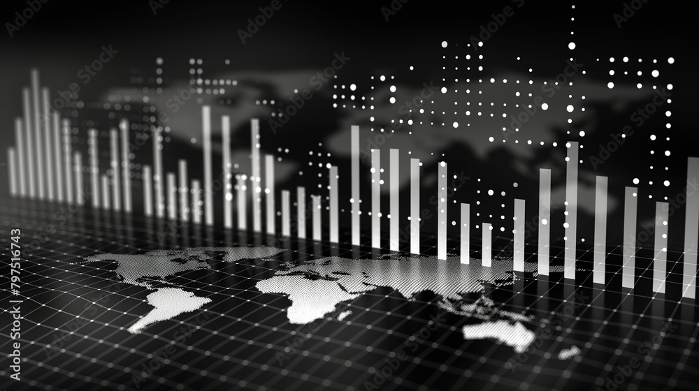 Abstract financial chart with uptrend line graph and world map on black ...