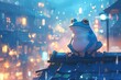 cute cartoon frog with colorful city lights in the background