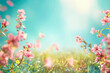 spring banner of green grass with blossom flowers in nature on sky background, space for text