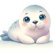 A cartoon of an enchanting seal pup with big, soulful eyes resting on an icy surface, in soft pastel shades.