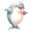 A playful dolphin cartoon with a joyous expression, captured in mid-swim in a beautifully rendered watercolor style.