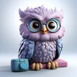 Cute owl character with glasses holding a dental floss. 3D rendering