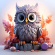 Cute owl sitting on a rock with headphones. 3d rendering