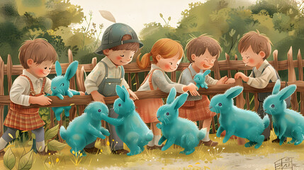 Wall Mural - A set of merry school children observing and carrying teal baby rabbits in a school barnyard setting. It is a close-up scene on a bright day. 