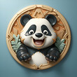 Illustration of a happy panda in a round frame on a blue background