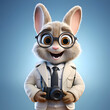 Rabbit with glasses with camera on blue background. 3d illustration.