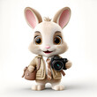 3D Render of a Cute Bunny with Camera on White Background