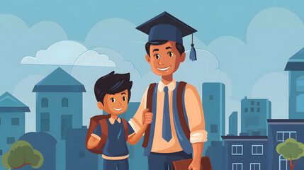 A simple flat vector illustration of an Indian father wearing his graduation cap. holding the hand and arm of his young son who is dressed in a school uniform with a backpack on a city background