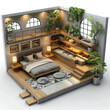 Isometric modern bedroom interior, 3D illustration.