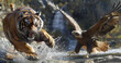 The contrast of the tiger's power and the eagle's speed evident in every movement, hyper realistic, low noise, low texture