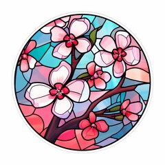 A watercolor stained glass effect cherry blossom design using bold outlines and flat color fills