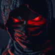 The glowing red eyes of the ninja pierce through the darkness as they prepare to strike, hyper realistic, low noise, low texture