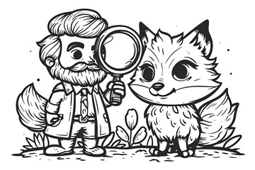  Cartoon Detective and Clever Fox Black and White Coloring Page with Detailed Outlines for Magnifying Glass Fun