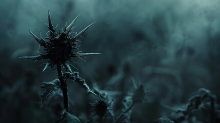 Poster - A dark and abstract background with a single, withered plant with thorns, symbolizing the destructive nature of narcotics.
