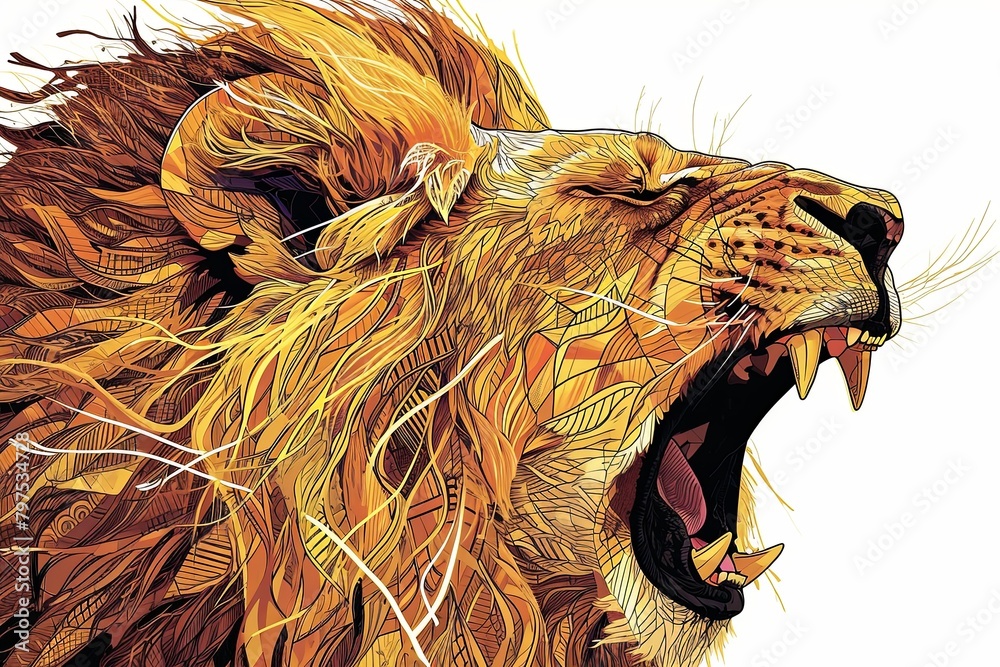 Roaring Lion Digital Illustration in Warm Browns and Yellows on White ...