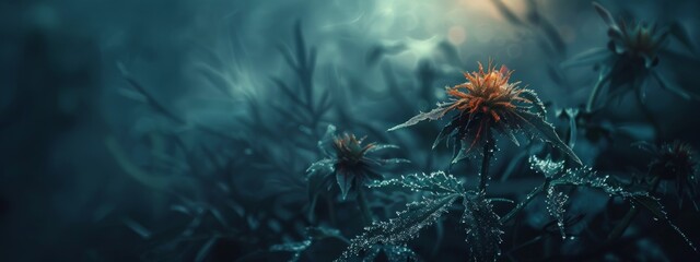 Poster - A dark and abstract background with a single, withered plant with thorns, symbolizing the destructive nature of narcotics.