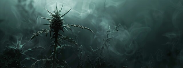 Poster - A dark and abstract background with a single, withered plant with thorns, symbolizing the destructive nature of narcotics.