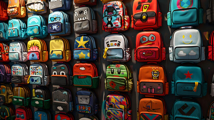 Wall Mural - A wall of colorful backpacks with various cartoon characters and symbols 