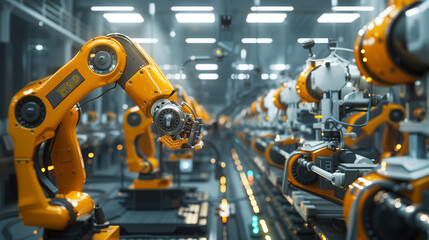 Poster - a futuristic factory floor with automated assembly lines and robotic arms working in harmony.
