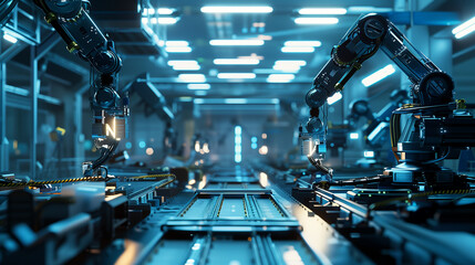 Poster - a futuristic factory floor with automated assembly lines and robotic arms working in harmony.