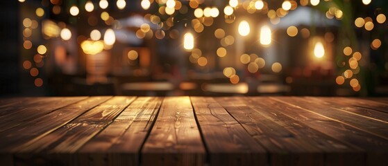 Wall Mural - A wooden table with a blurry background of lights
