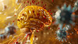 A yellow human brain is illustrated with blue steel thin nerves and red medical symbols surrounding it. while dark yellow cerebrospinal fluid seeps from it. The background features a blurred 
