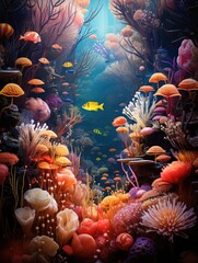 Wall Mural - closeup a mix of marine creatures, coral reefs, and floating objects in a vibrant and otherworldly underwater setting, AI Generative