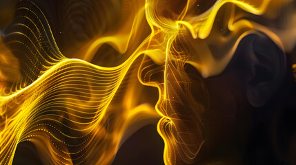 Abstract background with a yellow wave pattern representing sound waves and an acoustic engineer. Abstract environment with a yellow wave model of the human ear where one eardrum is spotlighted. 