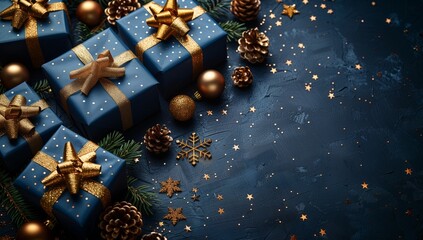 Wall Mural - Christmas presents in electric blue and gold on a blue background