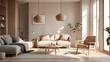 © Five Million Stock - Modern interior Japanese style design Livingroom. Lighting and sunny Scandinavian apartment with plaster and wood. 3d render illustration.