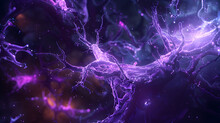 Abstract Scene With A Purple Fractal Pattern Symbolizing Neural Networks And A Neuroscientist. Abstract Backdrop With A Purple Fractal Model Of The Human Brain In Which One Neuron Is Underlined. 