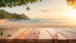 Nostalgic Seaside Setting: Wood Tabletop with Blurred Beach Background