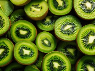 The background is completely filled with cut and whole kiwis. Green juicy kiwi fruit with a white center. Copy space.