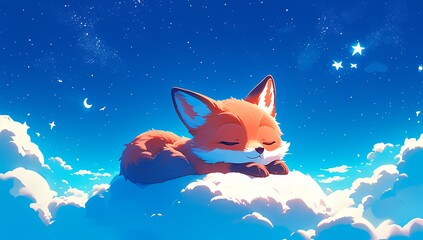 Wall Mural - A cute fox sleeping on a cloud, in a cartoon style, with a blue sky and white clouds background, under a starry night sky, in a digital art