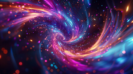 Poster - a multitude of swirling, neon-colored light spots set against a dark backdrop, evoking a futuristic and surreal atmosphere.