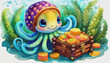 CARTOON CHARACTER CUTE baby Octopus at the bottom of the sea guards a treasure chest, gold coins