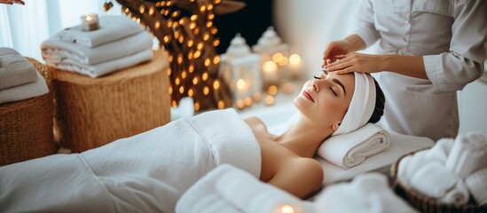 woman's face receiving beauty treatment and massage in a spa