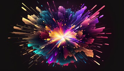 An abstract neon design of a colorful explosion with sparks and streaks of light emanating from the center