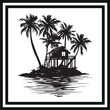 © 7COLORSbd - Tropical island and beach house silhouette clipart black and white